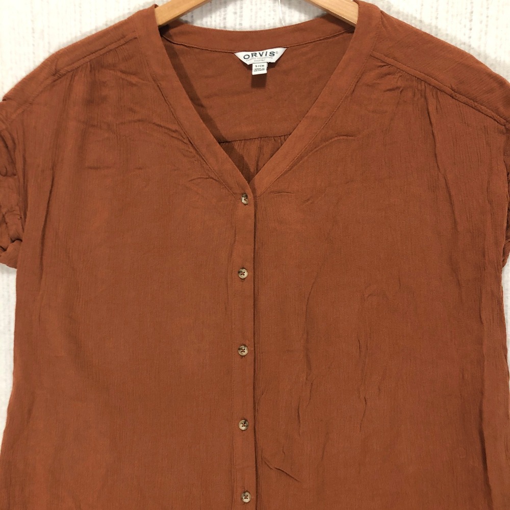 Orvis Short Sleeve Button Front V Neck Blouse Rust Orange Size S‎